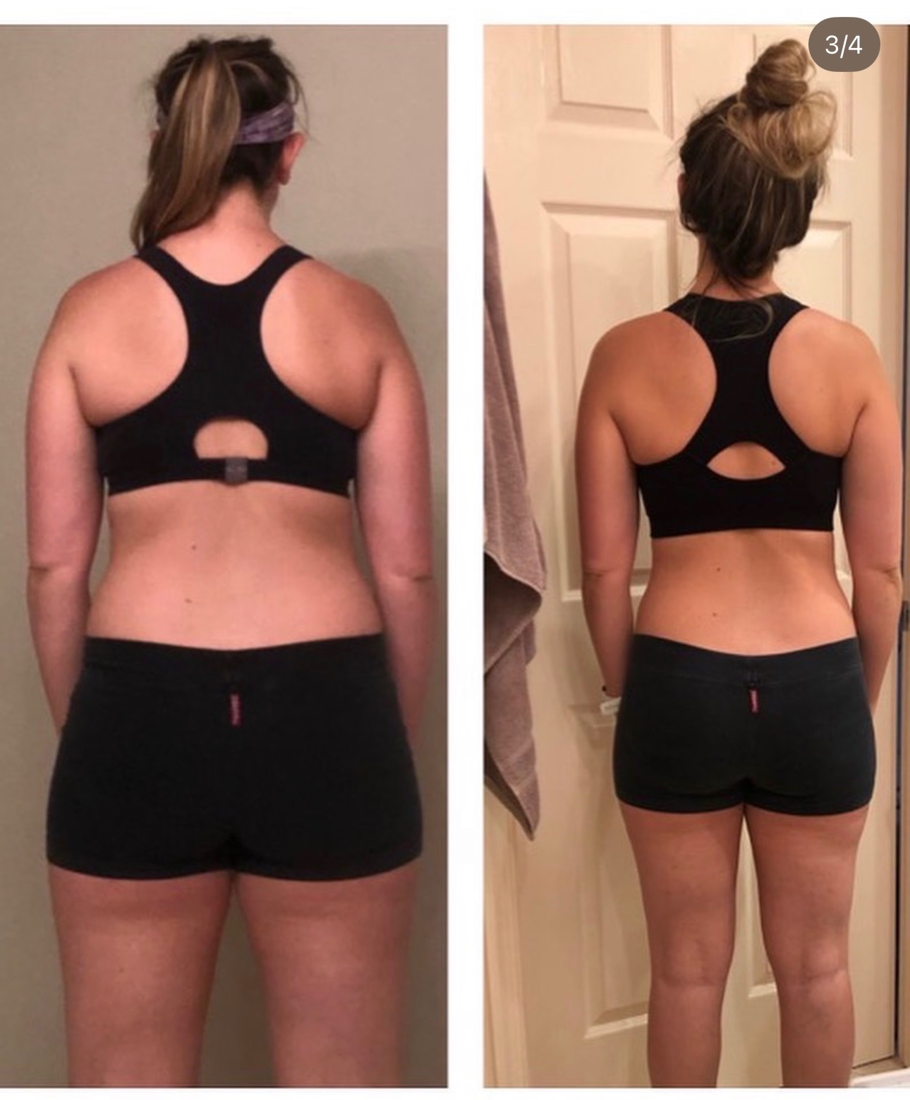 Before-and-after photos of Lauren, who trained with Abigail for 8 months training.